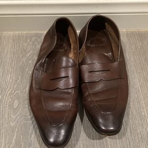 Santoni Dark Brown Leather Slip-On Loafers